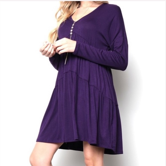 ✨Host Pick✨Plum Tiered V-Neck Shift Dress, M - Picture 3 of 11